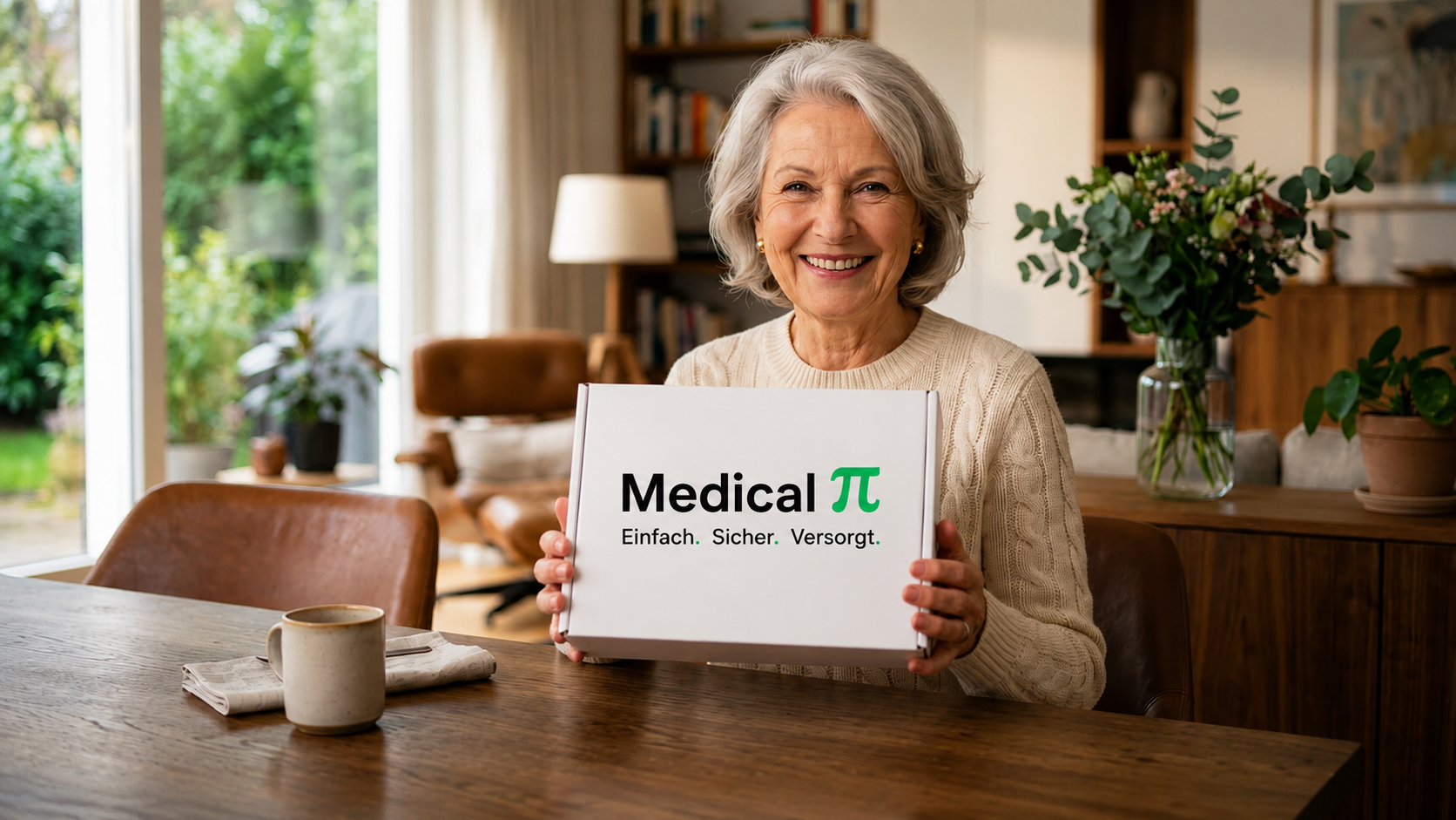 Zufriedene Kundin mit ihrer Medical π Pflegebox am Esstisch