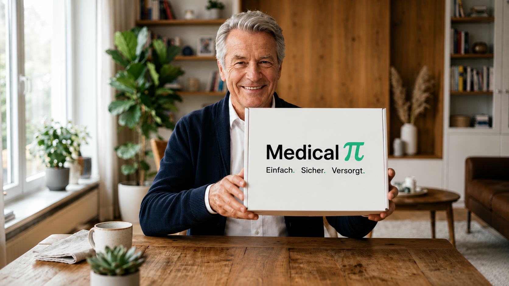 Glücklicher Kunde mit seiner Medical π Pflegebox im Wohnzimmer